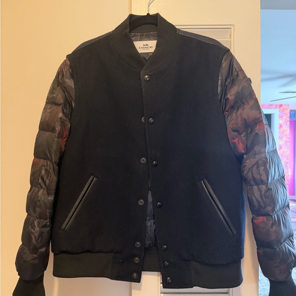 Coach Men's Black Bomber/Varsity Jacket with Quilted Puffer Sleeves